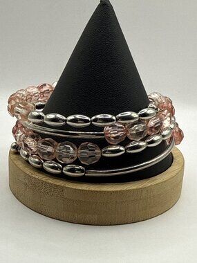 Pink & Silver Beaded Stretch Bracelet With Crystal & Metal Accents